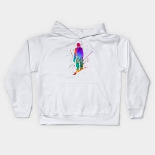 Woman skier skiing jumping  in watercolor Kids Hoodie